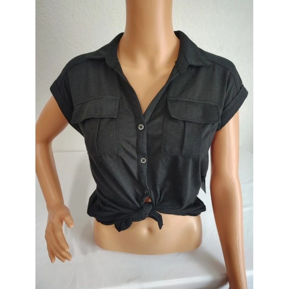 No Boundaries Black Button Up Short Sleeve Shirt Tie Front Size S (3-5) - NWT